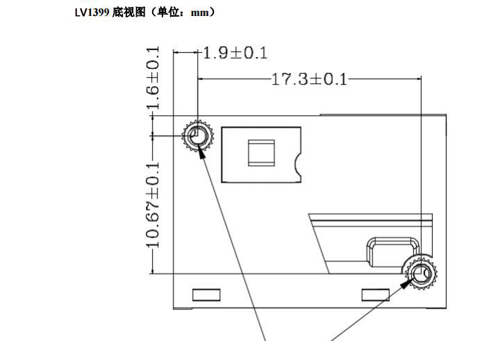 LV1399一維紅光條碼掃描模塊的底視圖